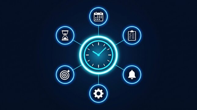 Glowing blue digital clock interface with connected productivity icons and time management symbols against dark background