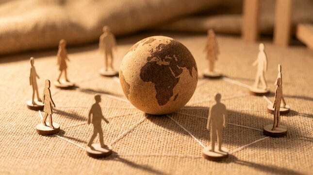Miniature wooden figures connected by white threads encircling a small globe resting on rough burlap fabric