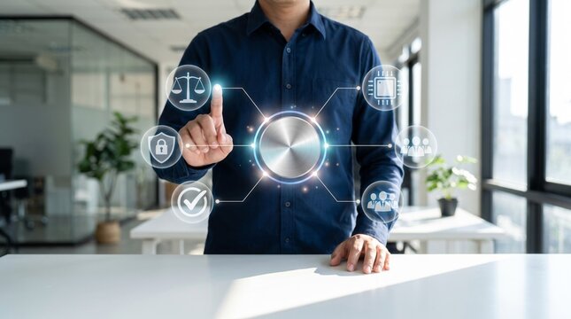 Professional businessman interacting with futuristic holographic interface icons controlling digital data systems in modern office environment