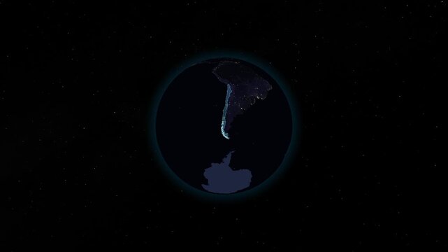 Chile night globe. City lights, zoom, spin, outline glow, pullback, ring reveal for Chile. Elements of the animation furnished by NASA.