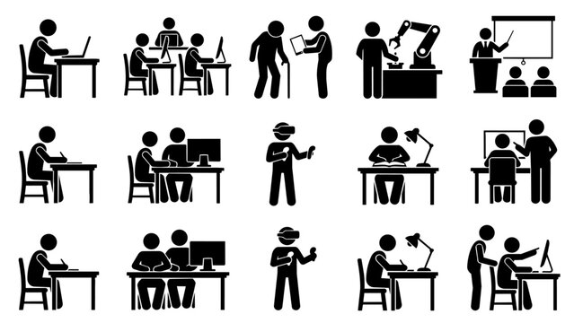 黒い受講者がノートパソコンでの学習と三人並びのデスクと杖の高齢者へのタブレット指導を描いた研修ピクトグラム