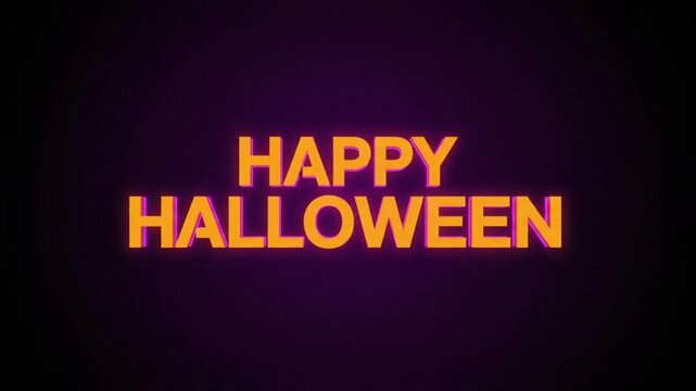 Happy Halloween glowing typography title card, orange illuminated 3D text intro motion graphic, spooky party celebration header