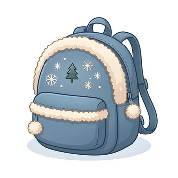 Miniature rounded winter backpack in dusty blue fabric, fluffy cream trim, tiny pom-pom zipper pull, embroidered pine tree and snowflake motifs, charming outdoor accessory, polished cute cartoon 