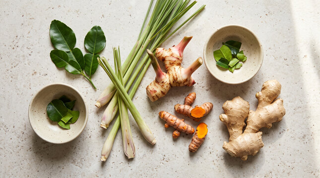 Fresh Asian cooking ingredients including lemongrass, ginger, turmeric, and kaffir lime leaves