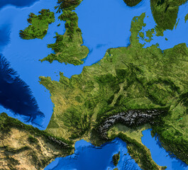 Western Europe Terrain Map Illustration. Hillshaded 3D relief map of Western Europe showing terrain and borders. Elements of the illustration derived from NASA Imagery and SRTM DEM. © Eugene Ga