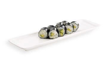 Sushi rolls with rice, seaweed, and avocado arranged on a long white rectangular plate against a clean white background, isolated food presentation © Кирилл Горшков