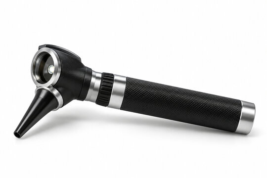 AI-generated realistic 3D render of otoscope isolated on a clean white background with soft shadow for healthcare design.