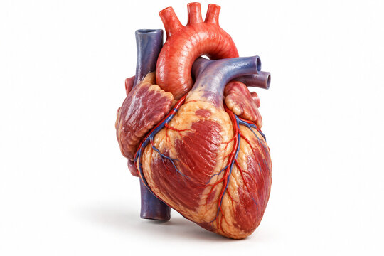 AI-generated realistic 3D render of human heart isolated on a clean white background with soft shadow for healthcare design.