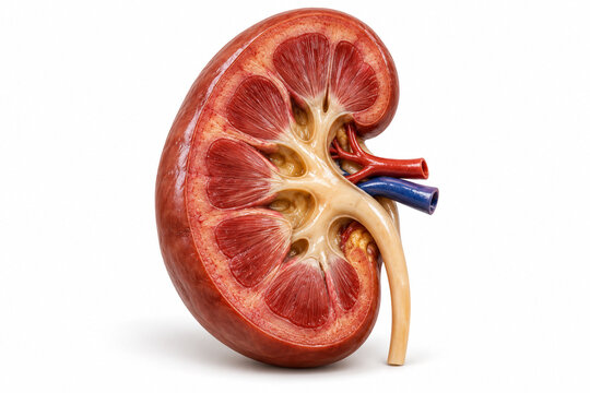 AI-generated realistic 3D render of kidney isolated on a clean white background with soft shadow for healthcare design.
