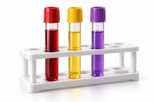 AI-generated realistic 3D render of test tubes blood samples isolated on a clean white background with soft shadow for healthcare design.