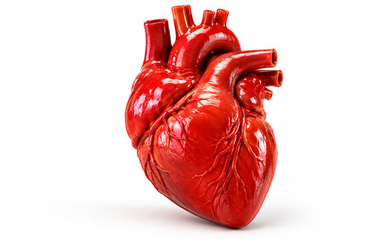 AI-generated realistic 3D render of glossy red heart isolated on a clean white background with soft shadow for healthcare design.