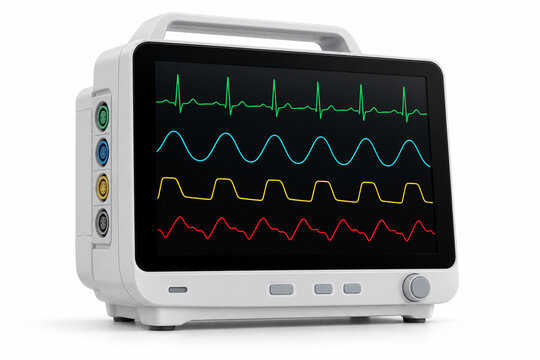 AI-generated realistic 3D render of ecg patient monitor screen isolated on a clean white background with soft shadow for healthcare design.