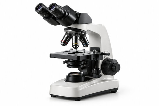 AI-generated realistic 3D render of microscope isolated on a clean white background with soft shadow for healthcare design.