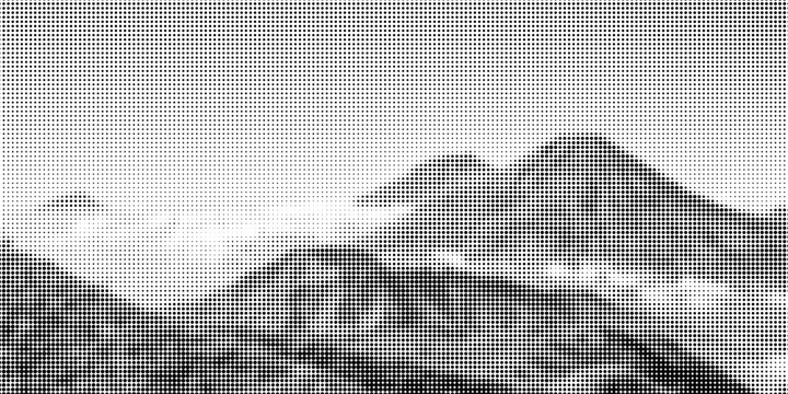 Abstract black and white halftone dot pattern background featuring a mountain landscape motif. Vintage pop art vector design for outdoor posters, modern print, and wall art decor.