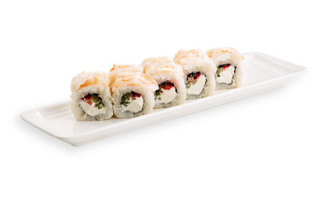 Assorted sushi rolls with rice, seaweed, filling, and pale topping arranged on a long white rectangular serving plate isolated against a clean white background © Кирилл Горшков