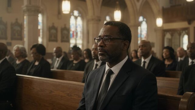 Thoughtful african american man sitting inside cathedral pew during solemn funeral service, wearing formal suit with glasses and tie, surrounded by congregation gathering in mournful prayer background