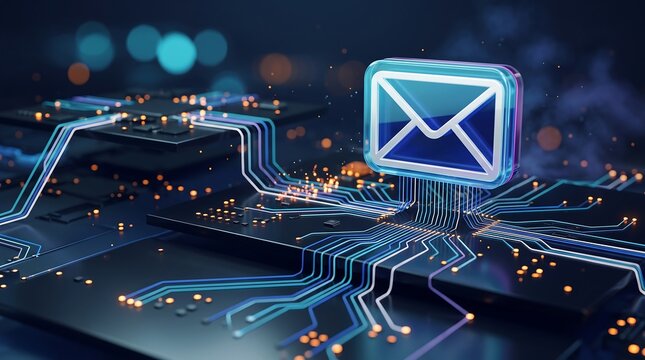 Digital email envelope icon floating above glowing circuit board representing secure online communication and electronic mail delivery system in modern global business network