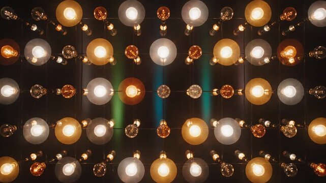 Vintage light bulb installation glowing brightly in a modern interior ceiling decoration pattern