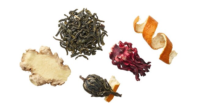 A collection of loose tea ingredients including dried green tea leaves, a piece of ginger root, a dried hibiscus flower, and a spiral orange peel, arranged on a white background