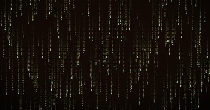 Animated matrix rain video featuring Devanagari characters in an amber terminal palette, layered with balanced code density and glowing parallax streams.