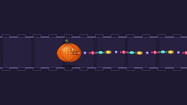 A playful Halloween arcade animation featuring a side-view jack-o-lantern munching colorful candy along a stylized maze, with smooth rhythmic bites, vivid shapes, and seamless motion for digital uses.