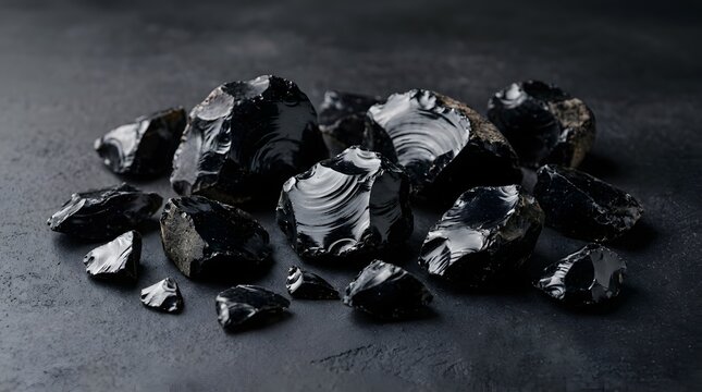 Raw Natural Obsidian Stone Fragments with Glossy Volcanic Glass Surfaces