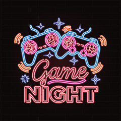 Neon Game Night Sign Vector Illustration, Glowing Video Game Controllers Typography, Retro Gaming Club Banner © DesignHive