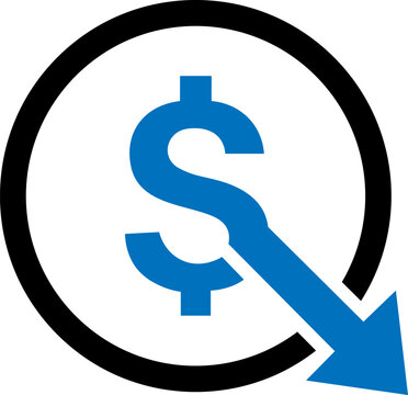 Blue dollar currency sign inside circle with downward arrow decrease business