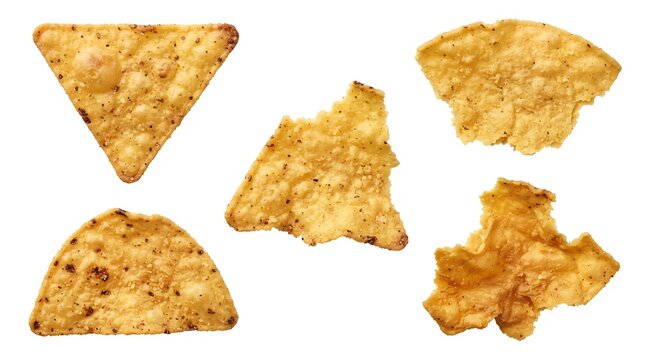 Collection of crispy golden corn tortilla chips in various shapes isolated on a plain white background