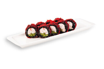 Assorted sushi rolls with dark seaweed, rice, vegetables, and pale filling arranged on a white rectangular serving plate isolated against a clean white background © Кирилл Горшков
