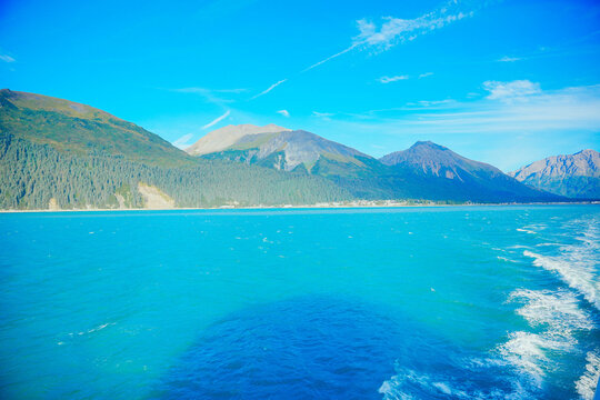 Landscape of Kenai Fjords National Park and Seward resurrection bay, glacier, harding ice cap ice field and pacific ocean in Alaska, USA