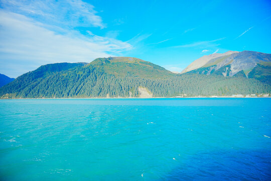 Landscape of Kenai Fjords National Park and Seward resurrection bay, glacier, harding ice cap ice field and pacific ocean in Alaska, USA