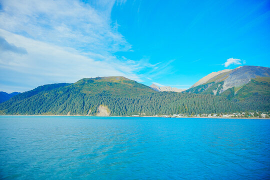 Landscape of Kenai Fjords National Park and Seward resurrection bay, glacier, harding ice cap ice field and pacific ocean in Alaska, USA