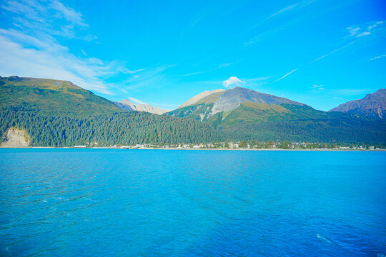 Landscape of Kenai Fjords National Park and Seward resurrection bay, glacier, harding ice cap ice field and pacific ocean in Alaska, USA