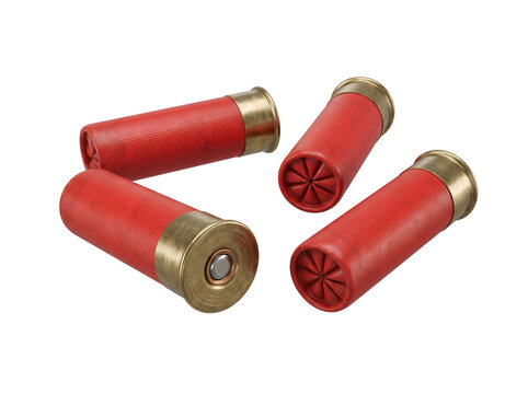 Four Red Shotgun Shells: A close-up shot showcases four red shotgun shells with brass bases, arranged in a small group on a plain surface.