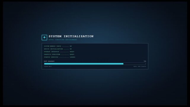 System Initialization Screen Displaying a Retro Computer Boot Sequence with Progress Indicator