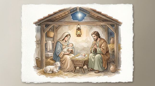 peaceful nativity scene depicting mary joseph baby jesus and animals under a starry sky in a rustic shelter