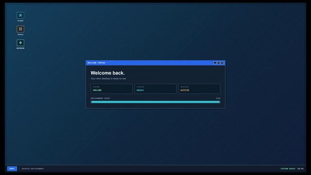 Retro Desktop Environment Loading Screen with Progress Bar and System Initialization Interface