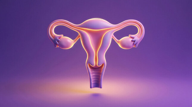 Glowing 3D female reproductive system with uterus and ovaries on purple