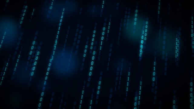 Digital Binary Code Rain with Glowing Blue Numbers Falling Down Dark Matrix Background Featuring Cybersecurity and Big Data Stream
