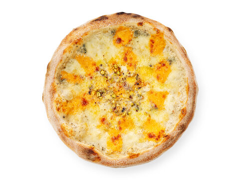 Round flatbread topped with melted cheese, browned spots, herbs, and crushed pistachios isolated against a clean white background, overhead food photograph