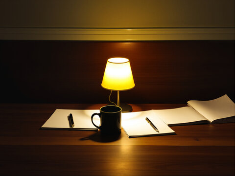 Lit table lamp, blank papers, pens and a mug on a desk at night