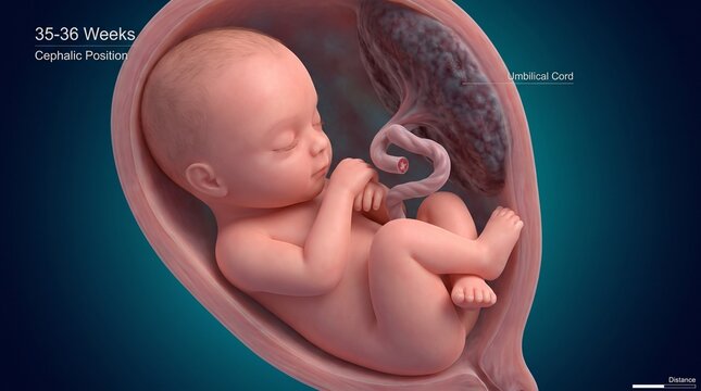 A medical view of a fetus at 35-36 weeks. Resting in the cephalic position, the baby is connected by the umbilical cord, fully preparing for birth as the third trimester nears its end.
