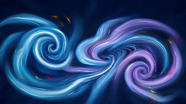 Abstract blue purple swirling fluid spiral with luminous glossy motion, flowing waves and curved ribbons blending cyan and violet light across dark background in smooth digital composition