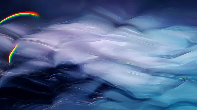 Abstract blue fluid wave texture background with cyan and violet light, iridescent rainbow highlights, smooth translucent swirls, soft luminous streaks, and dark flowing curves