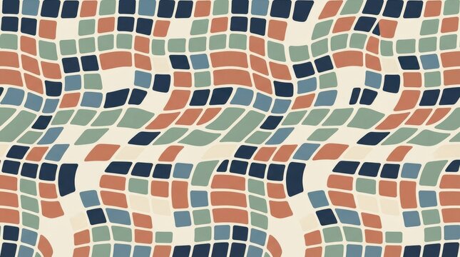 Wavy grid pattern with flowing rectangular blocks in blue, green, and terracotta on a light cream background, for textile use