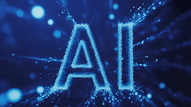Artificial intelligence AI typography with blue digital particles and glowing light rays on a dark background