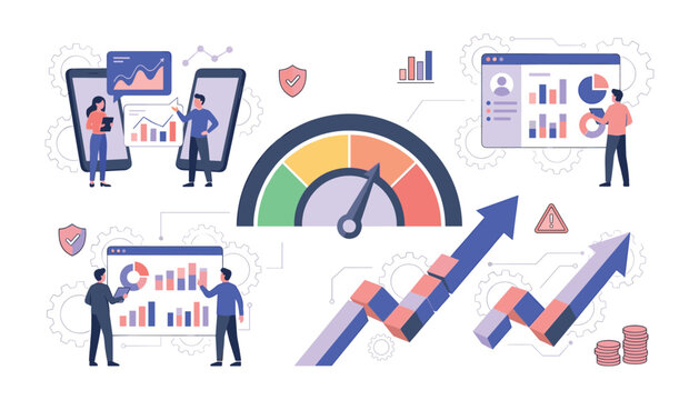 Business performance dashboard and data analysis concept featuring team monitoring financial metrics with speedometer gauge charts rising arrows and gears.