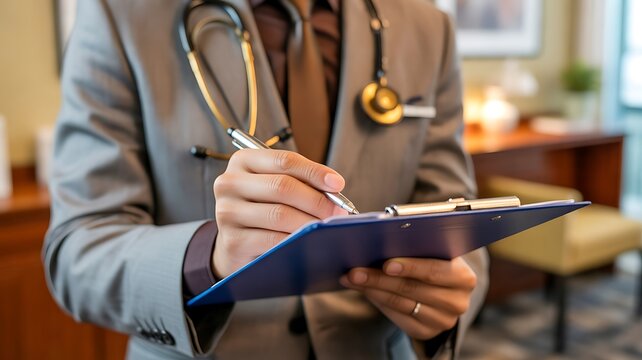 Doctor writing medical notes on clipboard during patient examination in a healthcare clinic