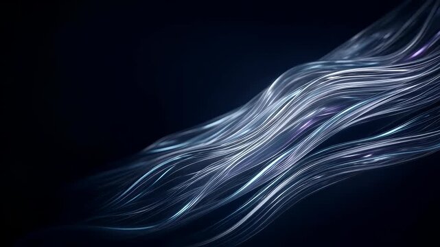 Abstract luminous silver blue flowing light wave with fine strand detail, curved metallic ribbons and subtle purple illumination sweeping diagonally across dark background